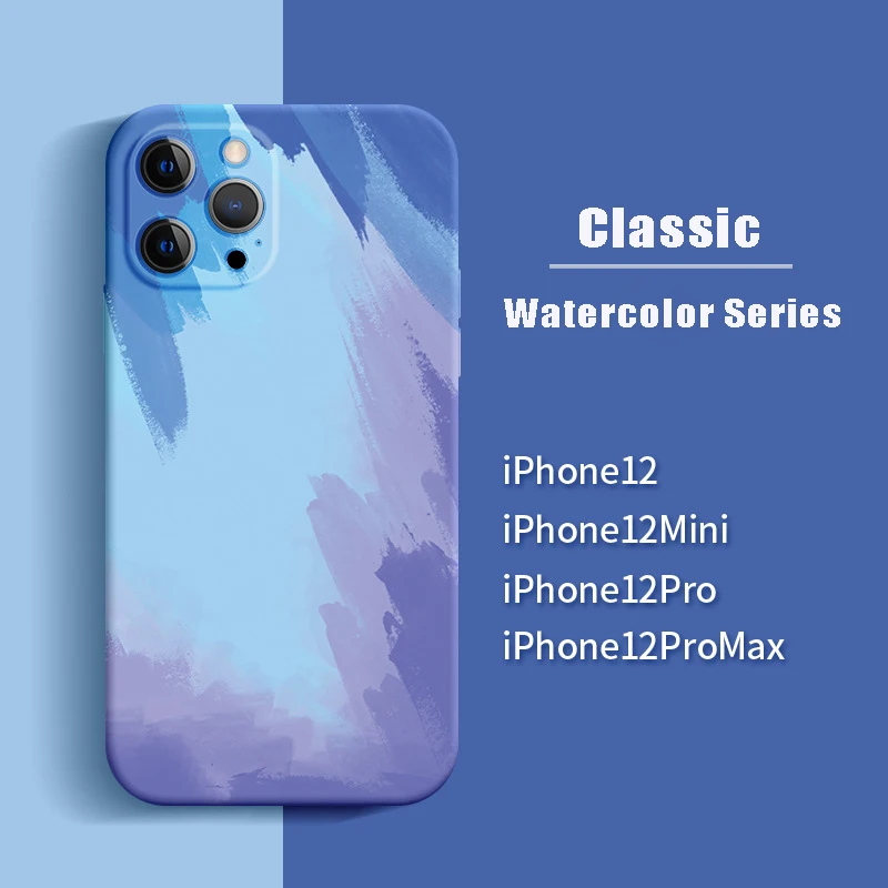 

Square Liquid Tempered Glass Case For iPhone 11 12 Mini Pro Max XS XR X 7 8 Plus SE 2020 12 Original Watercolor Shockproof Cover