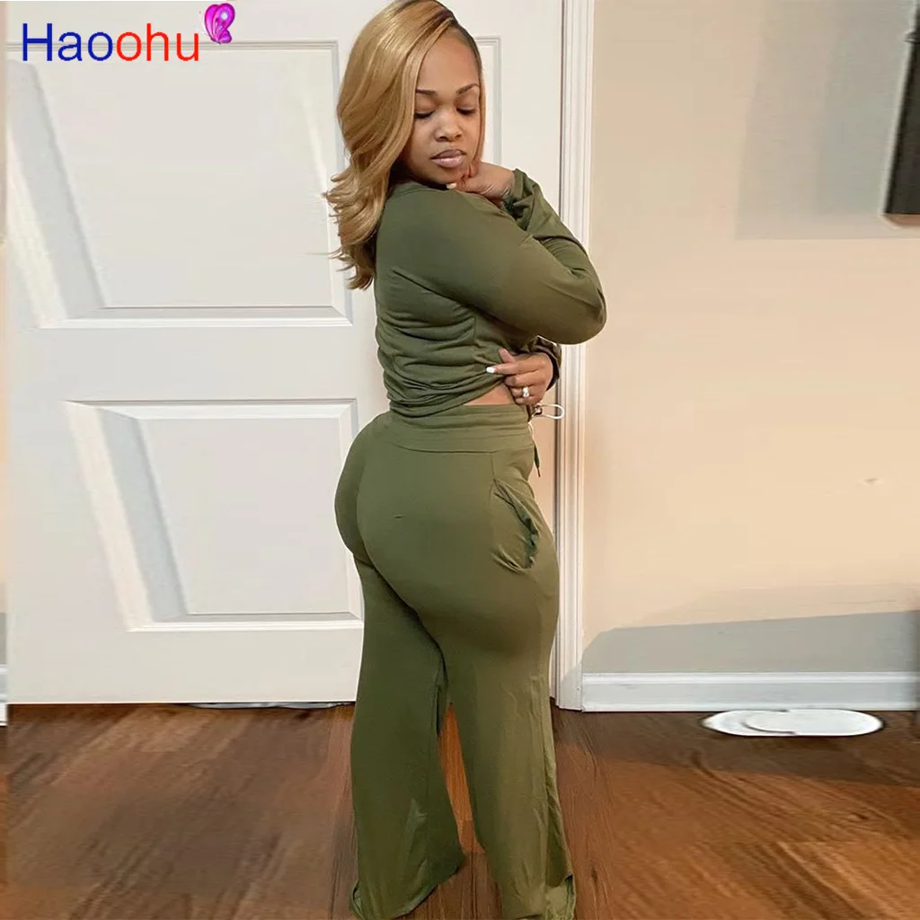 

HAOOHU Casual 2 two piece set women outfits sweatshirt bandage tops straight pants outfits clothes wholesale tracksuit