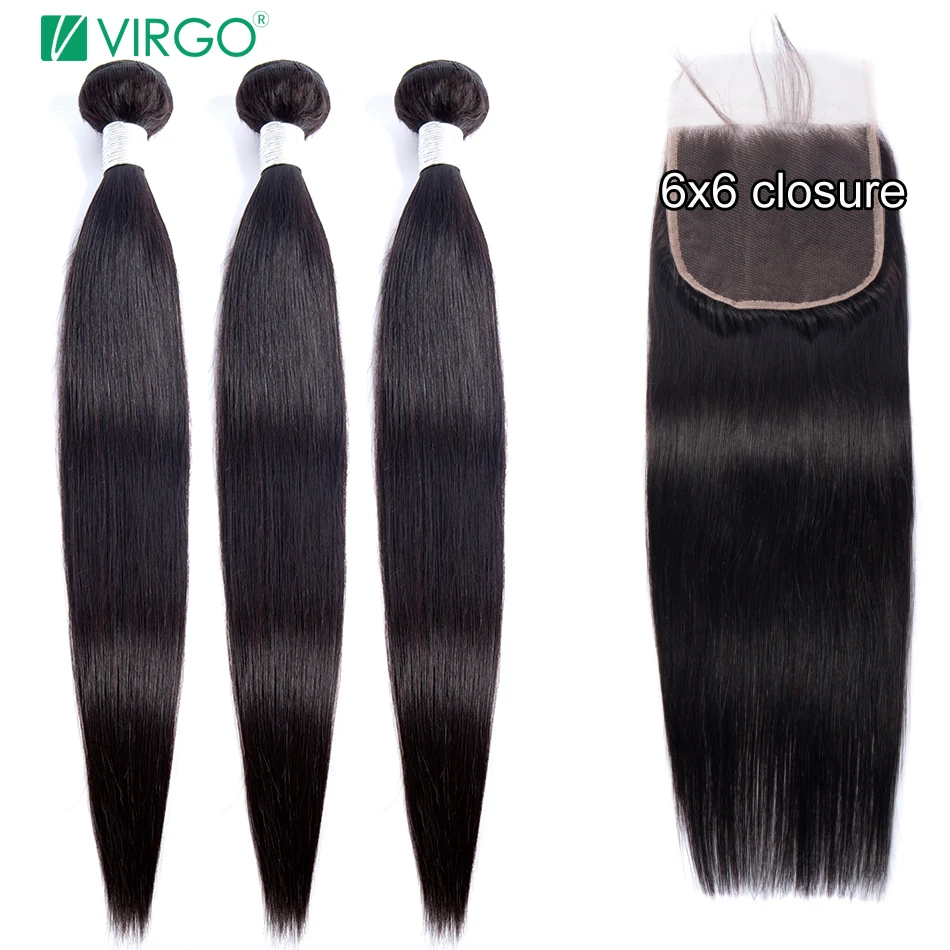 Virgo человеческие волосы пучки с закрытием 6x6 Закрытие пучками перуанские прямые
