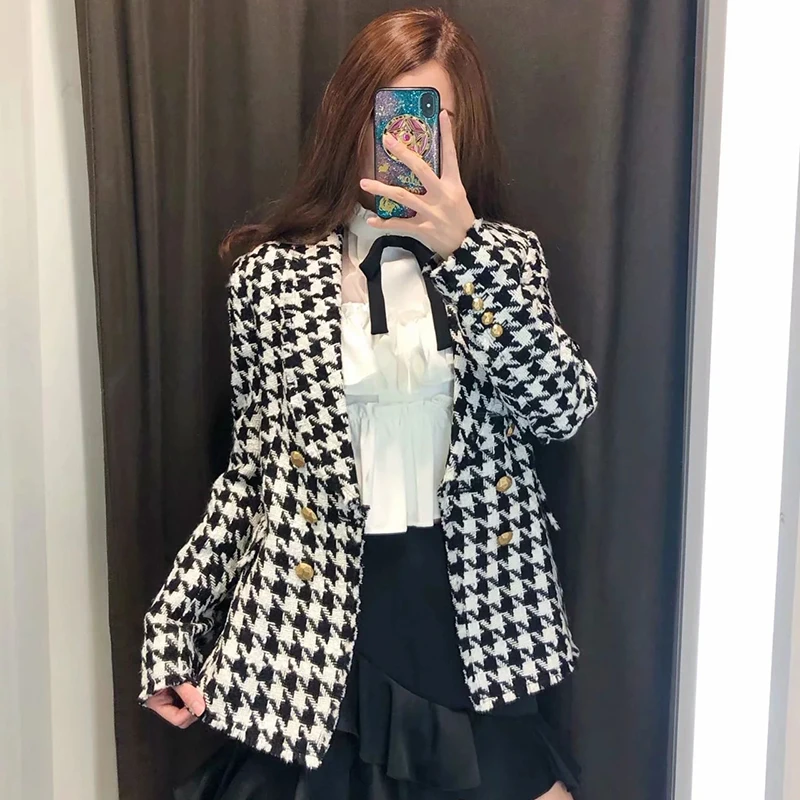 

Женская твидовая куртка с V-образным вырезом, черно-белая винтажная твидовая куртка с рисунком «гусиная лапка», осенняя уличная одежда, 2019
