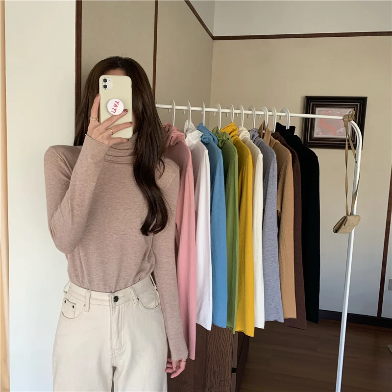 

Черный свитер с высоким воротником и длинным рукавом, женский новый топ на раннюю осень 2021, Корейская облегающая универсальная Базовая руба...