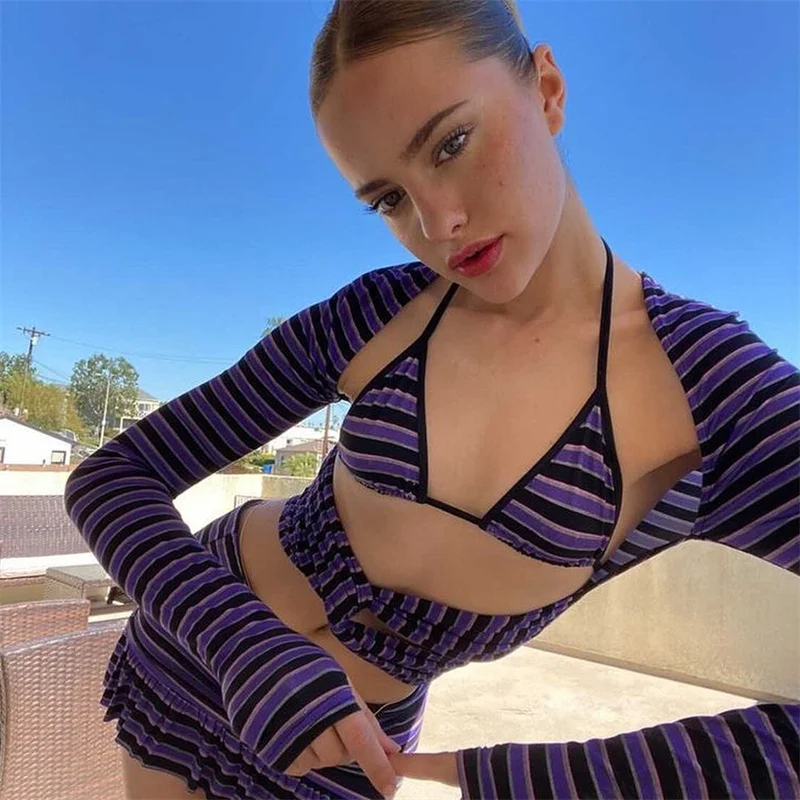 

3Pcs Women Striped Outfit Sexy Long Sleeve Low Cut T-shirts Crop Top Lace-ups Halter Bra High Waist Pencil Skirt