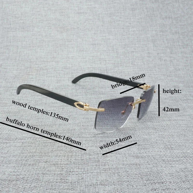 Vintage Black White Buffalo Horn Rimless Square Sunglasses Men Wood Sun Glasses Retro Wooden Shades for Summer Club Eyewear B