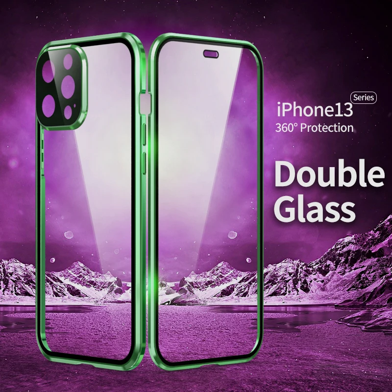 

Double Sided Glass Magnetic Metal Phone Case for IPhone 13 12 Mini 11 Pro XS Max X XR with Camera Lens Protection Magnet Cover