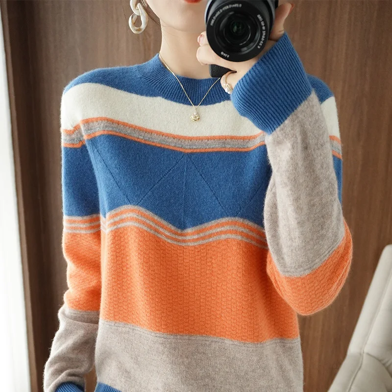 

Autumn winter new sweater women 100% wool cashmere sweater Ladies round neck short knit color matching loose bottoming sweater
