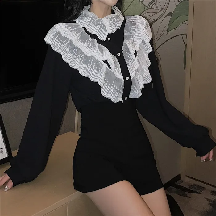 

Spring Lace Patchwork Blouse Women Fashion Black Turndown Collar Fashion Shirt Ladies Office Lady Elegant Tops