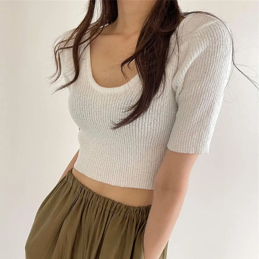 

HziriP Women Slim High Waist Elastic Summer 2021 Femme Backless Short Sleeve Chic Knitted Knitwear Sexy Stylish Hot New Sweaters