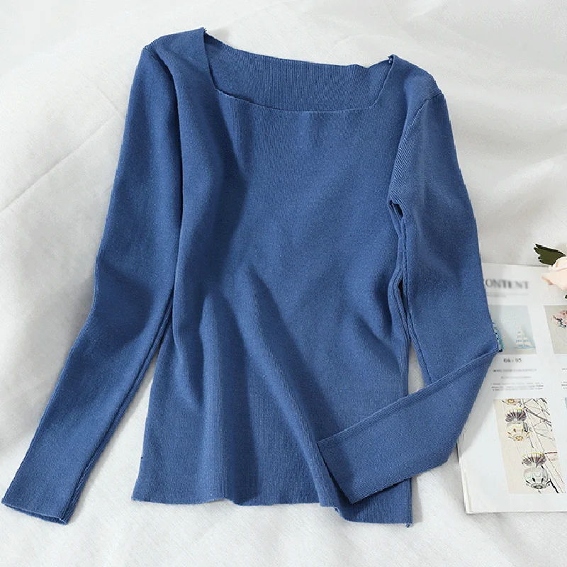 

CHICEVER Casual Pullovers For Women Square Collar Long Sleeve Slim Basic Knitted Solid Sweaters Female Fashion Clothing 2020 New