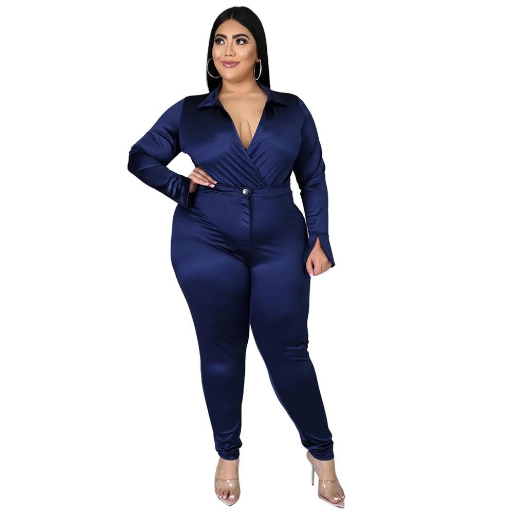 

Satin Fabric Two Piece Set Plus Size Women Clothing Deep V Neck Bodysuit Top And Zipper Long Pants Sexy Outfits For Night Club