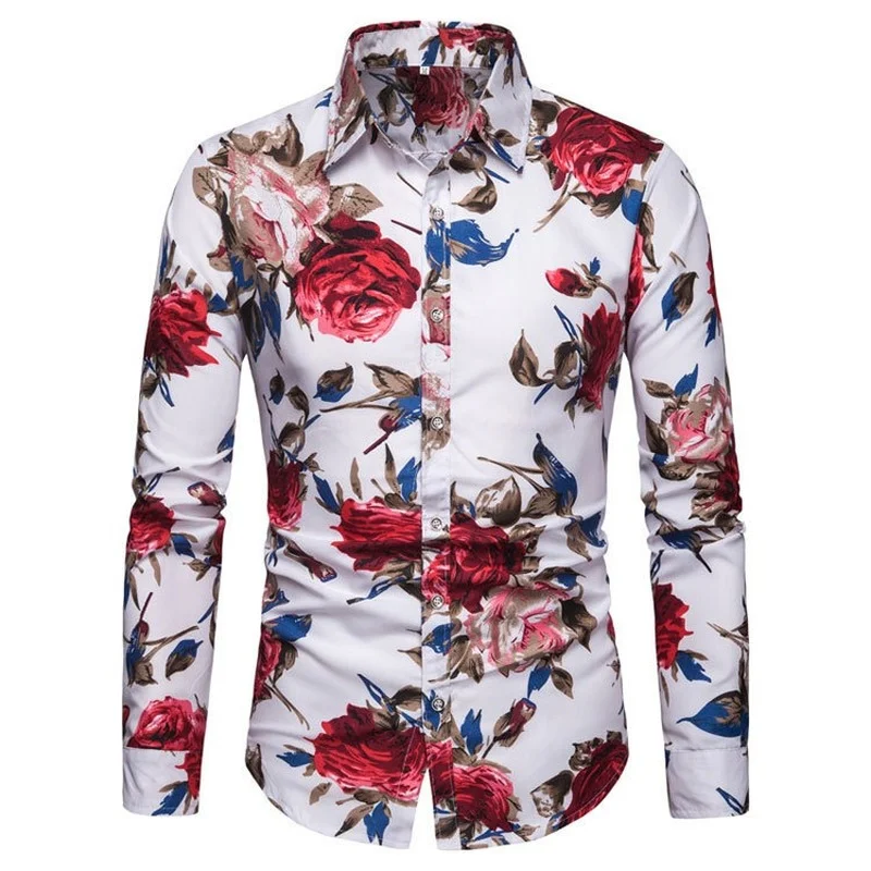 

2021 new slim men's button up long-sleeved floral shirt fashion casual shirt hawaiian shirt vintage clothes