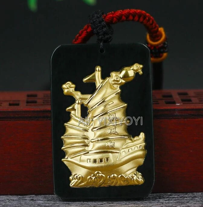 Прекрасная Натуральная темно зеленая нефритовая подвеска из твердого золота с