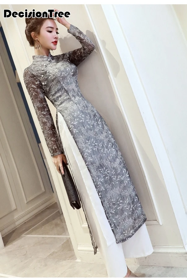 Вьетнамские халаты в народном стиле, шифоновое улучшенное платье aodai, элегантное праздничное платье, традиционная вышивка, азиатское платье ao dai