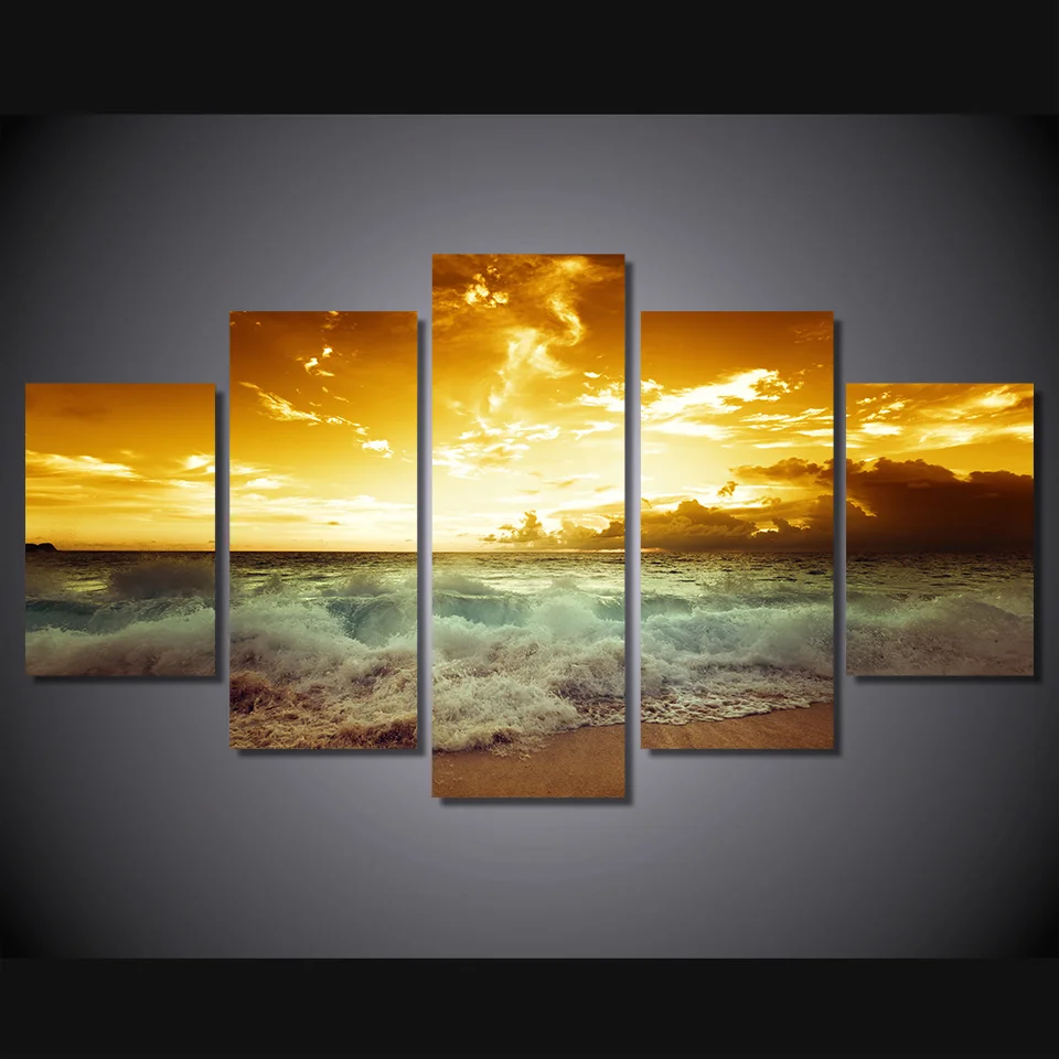 5 панелей закат морские волны живопись искусство домашний Декор печать плакат