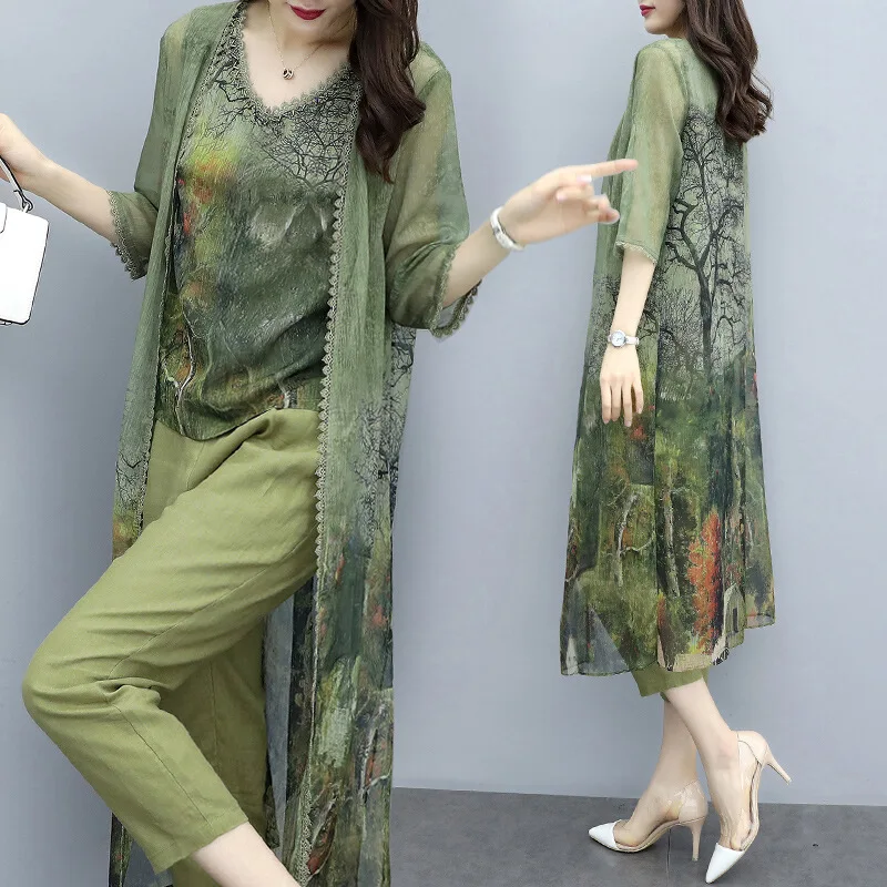 

Summer Green Chiffon Printed 3 Piece Sets Women Oversize Vest+cardigan+cropped Pants Suits Elegant Korean Womens Sets Femme