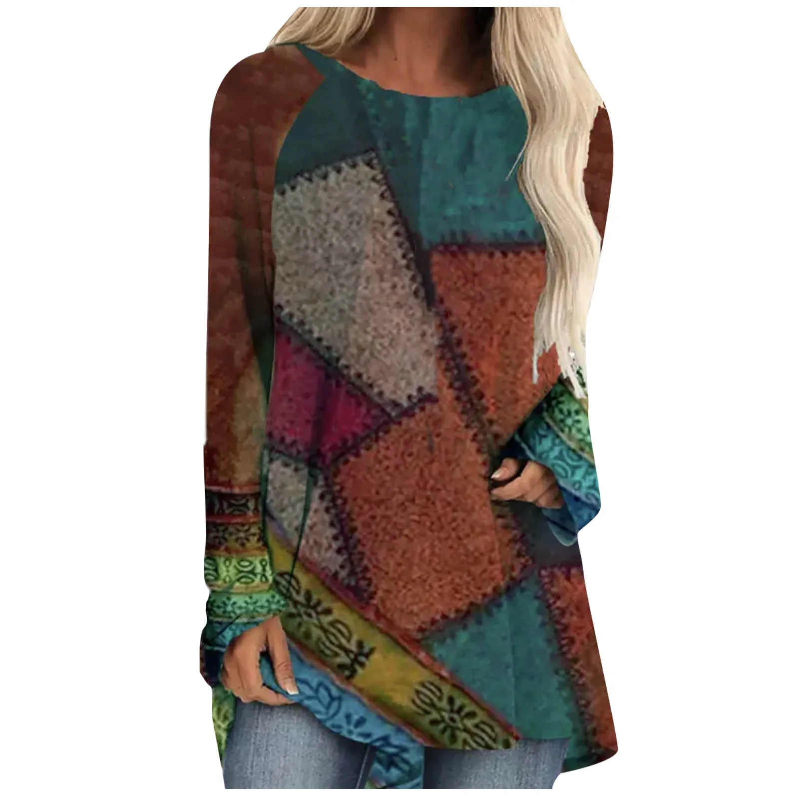 Женский модный топ с длинным рукавом свободная футболка круглым вырезом и