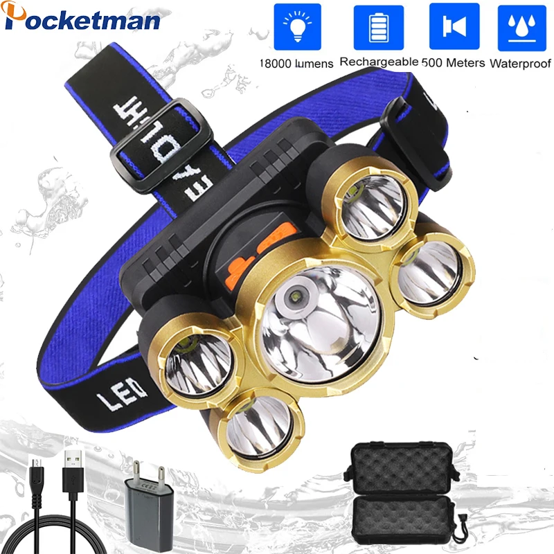 

Налобный фонарь с зарядкой от USB, дальность 500 м, водонепроницаемый фонарь для кемпинга и рыбалки, встроенный аккумулятор 18650