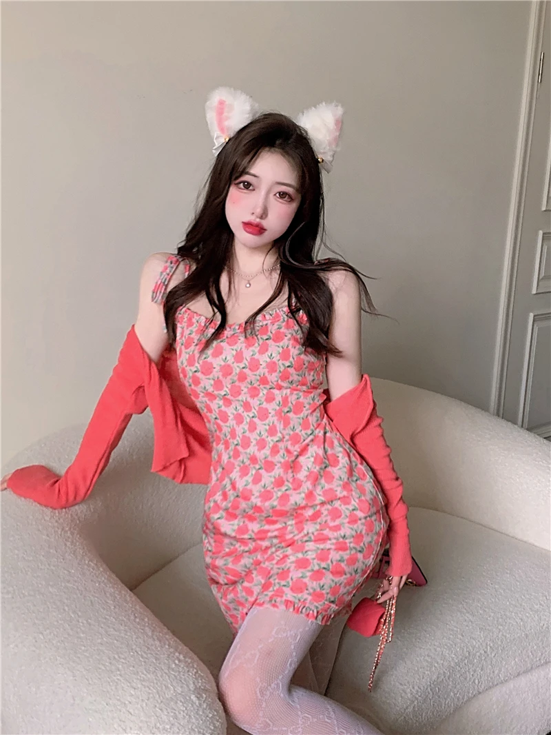 Vestido corto femenino de gasa para verano, minivestido sexy con bandolera de flores