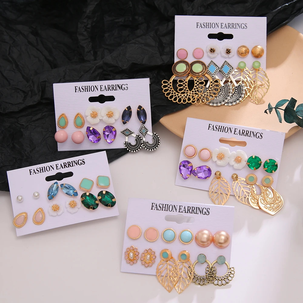 

DAXI Women Earring Set Flower Female Earring Set Bohemian Summer Fashion Jewelry Geometric Crystal Heart Earrings 2021