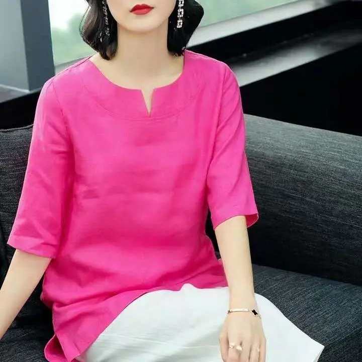 Plus size Tops Loose Cotton Linen Shirt Women Summer Blouses Short sleeve Solid color Elegant White Ladies Office Casual 4XL