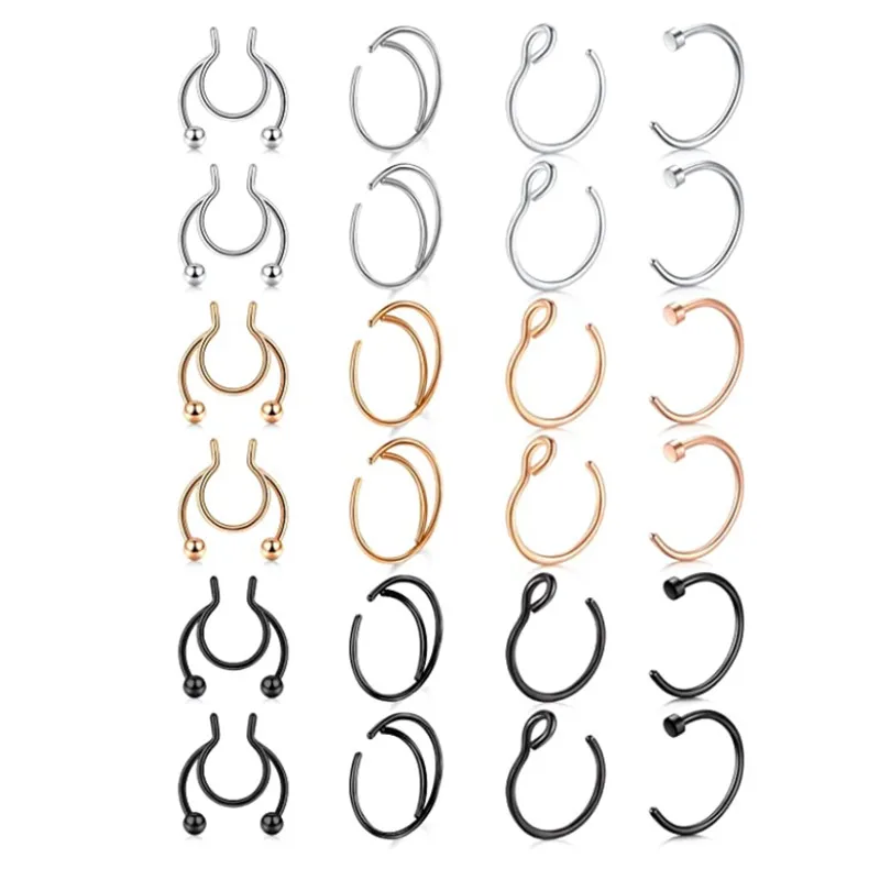 Stainless Steel Fake Nose Piercing Set Non Piercing Septum Ring Set Fake Lip Ring Set Clip On Nose Hoop Pack Faux Nose Ring Lot images - 6