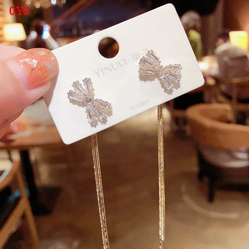 

925 Silver Crystal Long Tassel Bow Net Red Earrings
