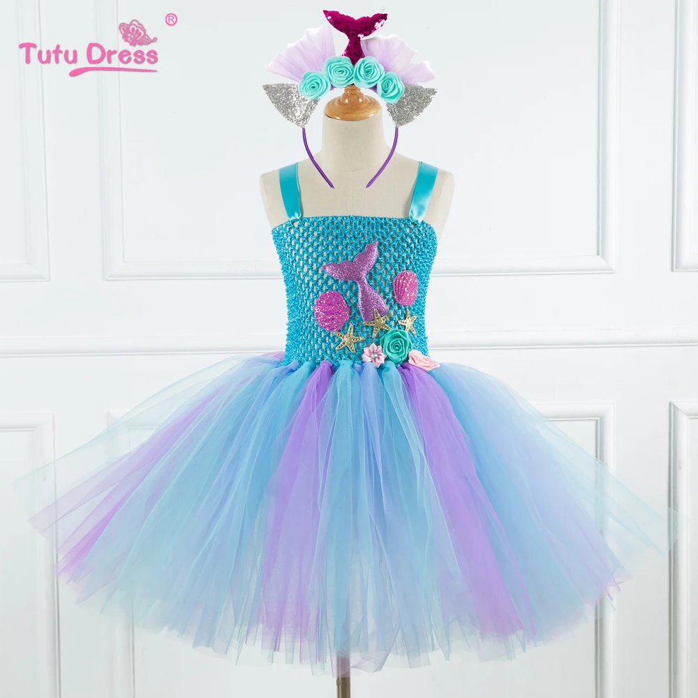 

Mermaid Dress Girl Free Headwear Fancy Dressed 2PCS Sets Princess Tutu Dress Party Cosplay Costume Outfits Children Clothes