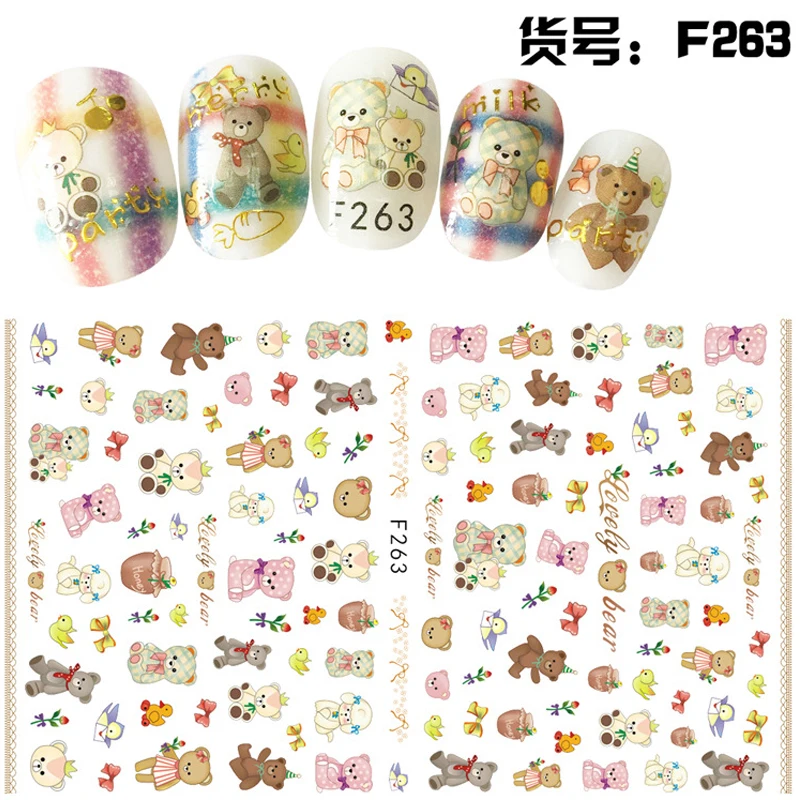 

10PCS Cartoon Bear Stickers For Nails Letter Line Doll Sliders For Nails Repair Decoration Love Nail Suppliesl Stickers Decal