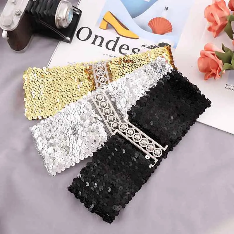

2021 Fashion Ladies Waistband Charms Women Elastic Sequin Belly Waist Belt Casual Stretch Belt Buckle Corset Wide Waist Belts