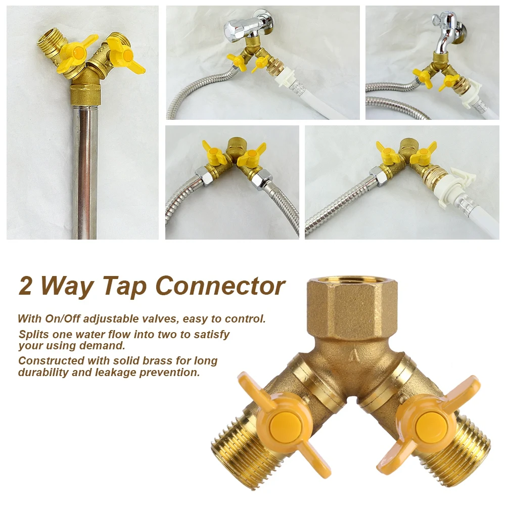 

G1/2 Tap Adapter Brass Garden Irrigation 2 Way Double Tap Hose Adapter Dual Faucet Connector