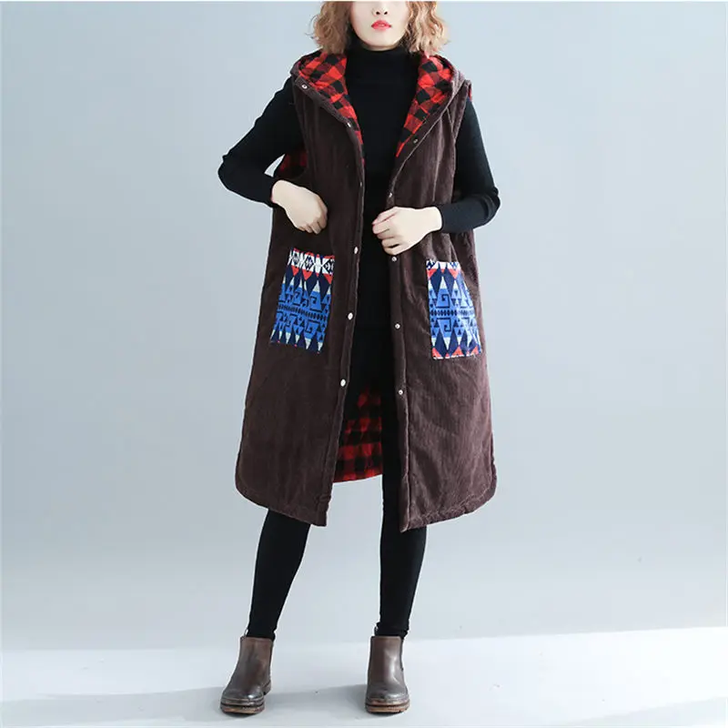 Женская винтажная Вельветовая куртка без рукавов Свободный Длинный Облегающий