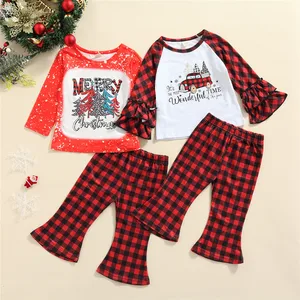 Baby Girl Christmas Clothes Sets Christmas Tree Printed Top Plaid Flare Pants 1-5Y Toddler Kids Children Festival Costume Outfit