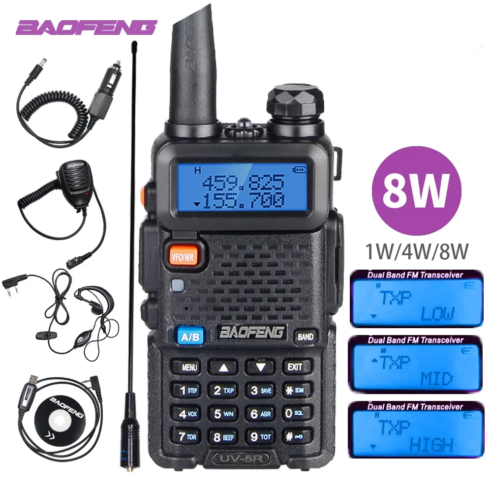 

Real Baofeng UV-5R 8W Walkie Talkie Dual Band UHF/VHF Transceiver UV 5R Amateur Ham CB Radio Station 10km Hunting Two Way Radio