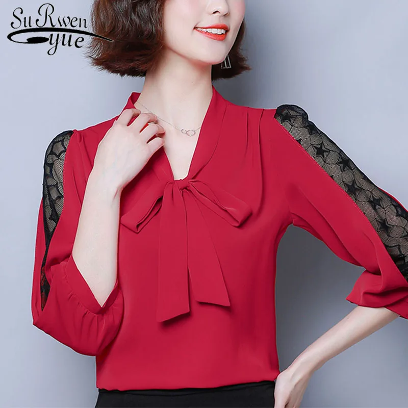 Бандажная шифоновая блузка с бантом Женский ажурный кружевной топ Женская