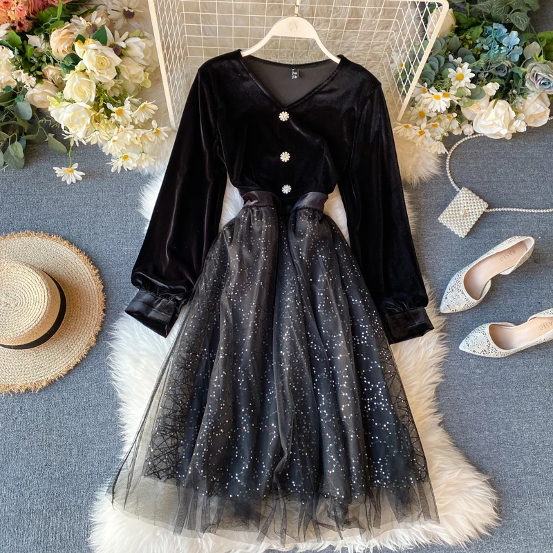 HISUMA весна осень новинка женское бархатное платье с v образным вырезом и длинным