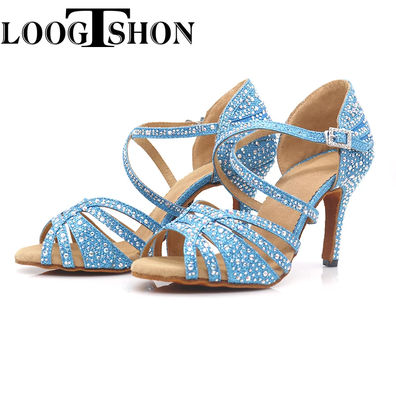 Loogtshon latin dance shoes woman Latin Dance Shoes shining  BULE satin Women Salsa party Ballroom shoes