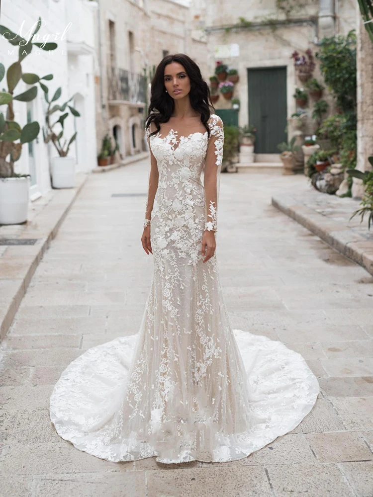 

MNGRL Simple Retro V-neck 3D Flower White Lace Mermaid 3D Flower Bridal Dresses Tail Long Sleeve Wedding Gown