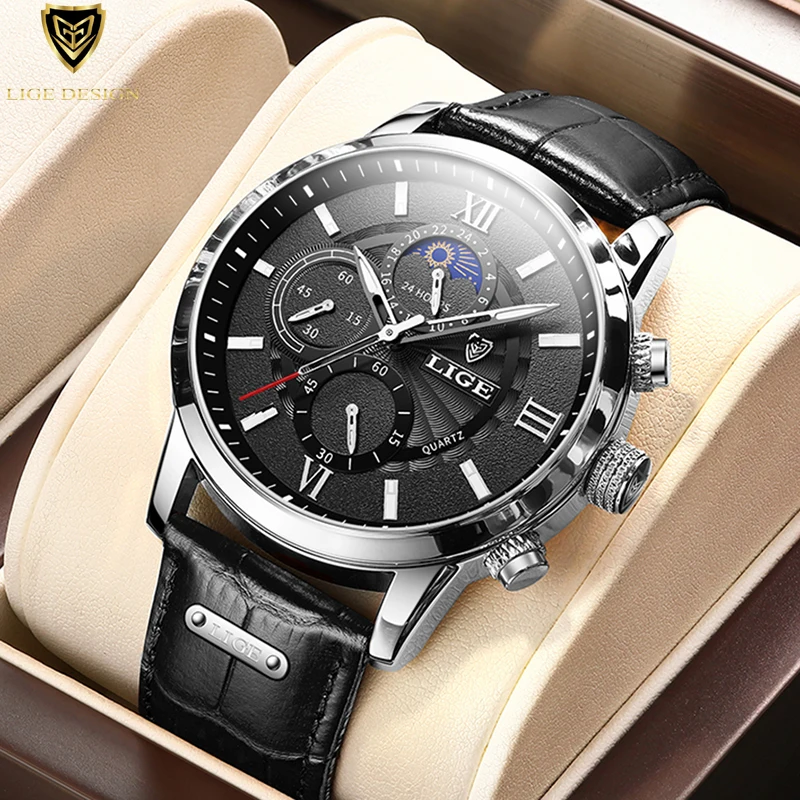 

LIGE Watches Men Watch Fashion Leather Wristwatch Quartz Chronograph Analog Waterproof Luxury Business Clock Relogio Mascuino