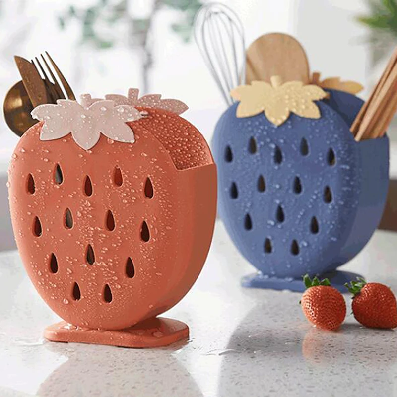 

Multifunctional Chopsticks Drain Holder Modern Kitchen Strawberry Shape Storage Box Case Easy Clean Spoon Dustproof Fork