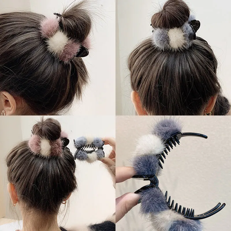 

Ins Korean Mink Plush Ponytail Bun Hair Claws Headwear For Women Ladies Elegant Crab Hair Clips Winter Jewelry Accessories