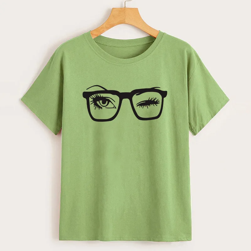 Лето 2019 новая хлопковая Футболка женская мигать с рисунком очков очки Широкий