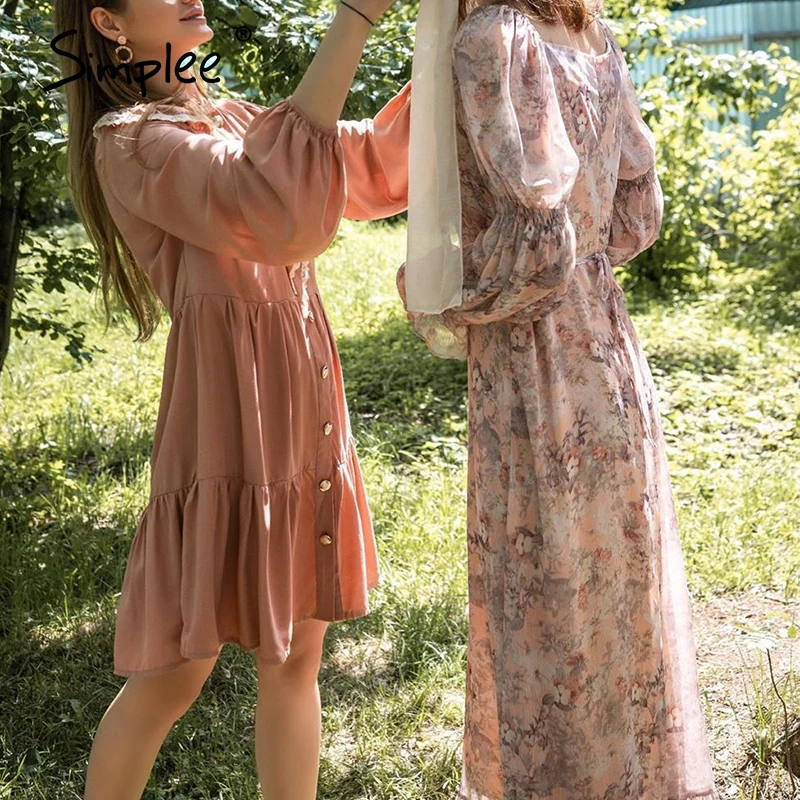 Однотонное женское платье Simplee с пышными рукавами кружевное летнее оборками на