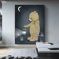 modern cute bear holding a lamp for lighting cartoom anmal art canvas painting poster print for baby kid room home decoration