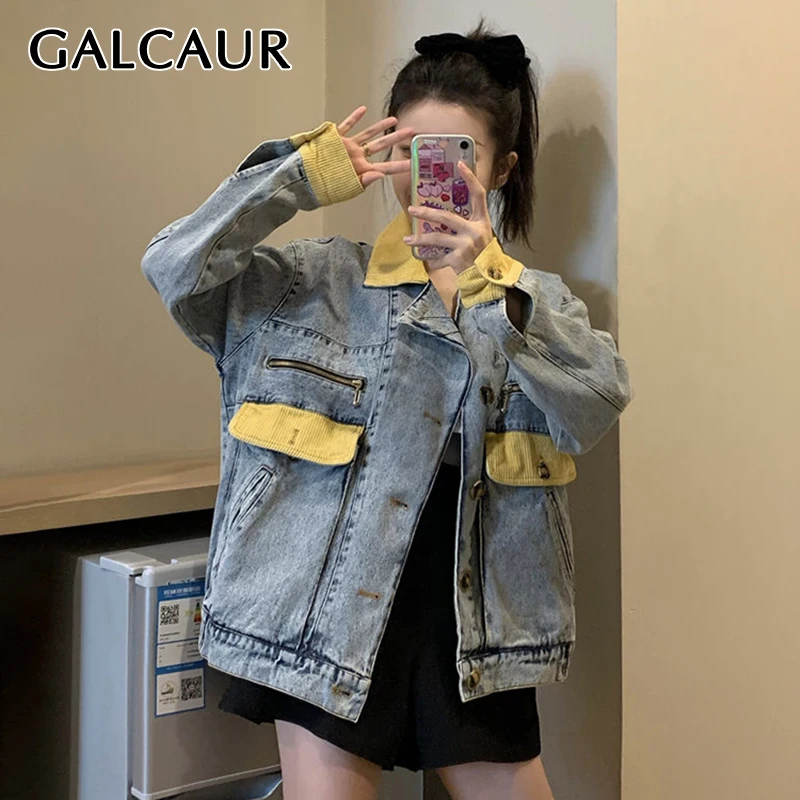 

Куртка женская джинсовая с отложным воротником, длинным рукавом, свободного покроя