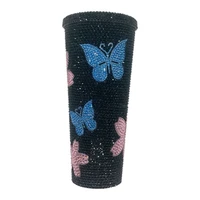 handmade diy black rhinestone custom cup with butterfly pattern for cold beverage handwork customized 24 or 20 oz