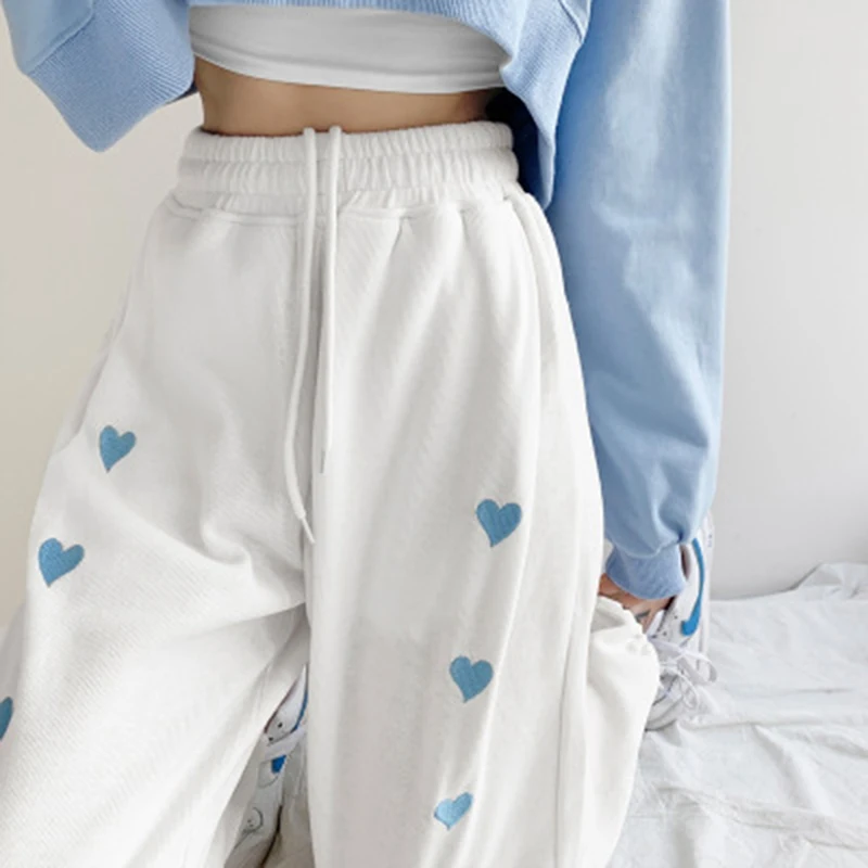 

Ins Hot Cool Girl Embroidery Pants Heart Printing High Waist Straight Trousers Female Casual Slim Jogger Pants Streetwear