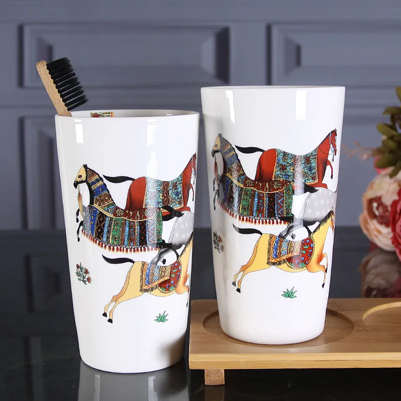 bathroom accessories set ceramic soap dispenser toothbrush holder gargle cup dish with bamboo tray wedding birthday gifts free global shipping