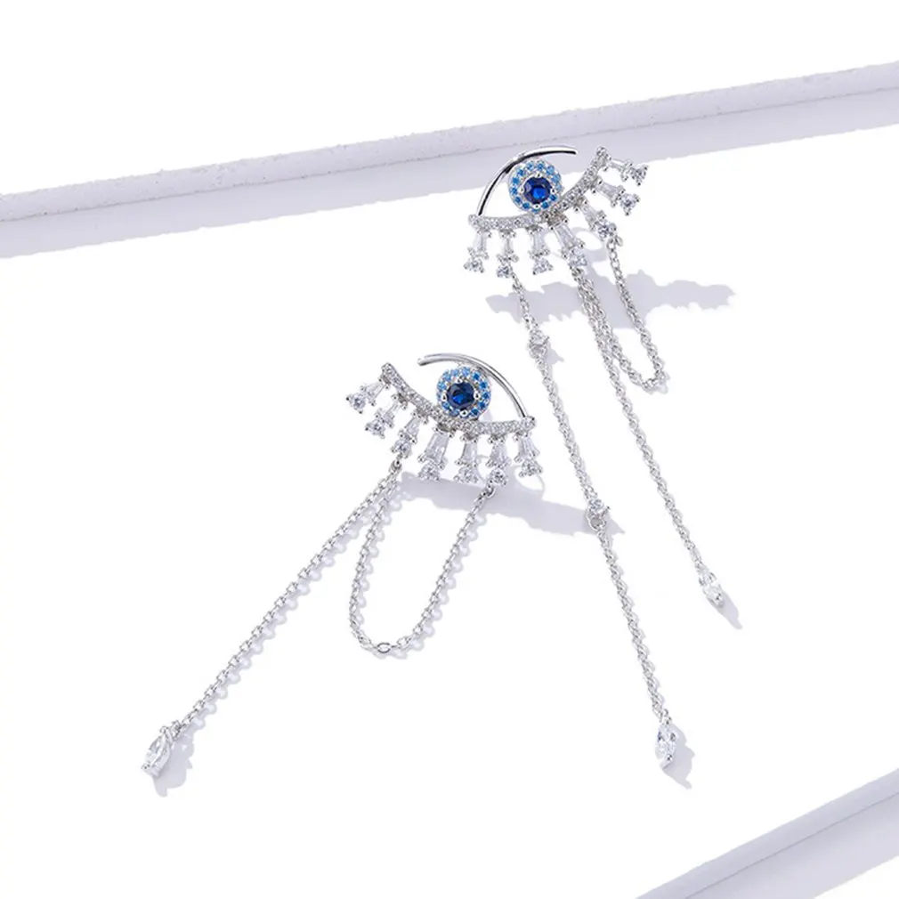 Earrings Sterling Silver 925 Blue Eye Creative Exaggerated Tassel Long Rhinestone Eyes Temperament Jewelry | Украшения и