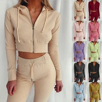 spring two piece set tracksuit women clothes knitted ribbed hoodies zipper crop top and pants leisure suits lounge wear outfits