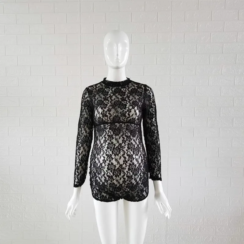 Прозрачный кружевной комбинезон для беременных с высокой горловиной и длинным