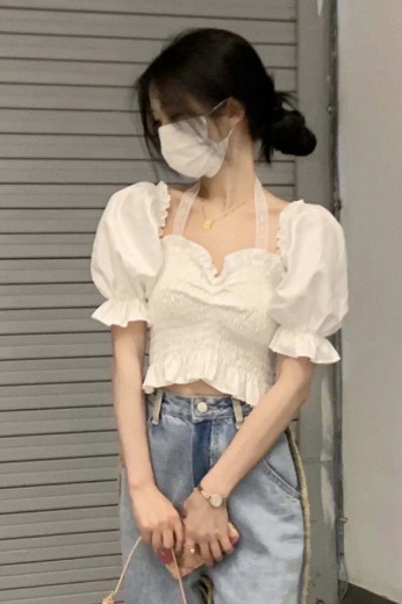 Кружевная футболка с подвесным воротником рубашка коротким рукавом пузырями